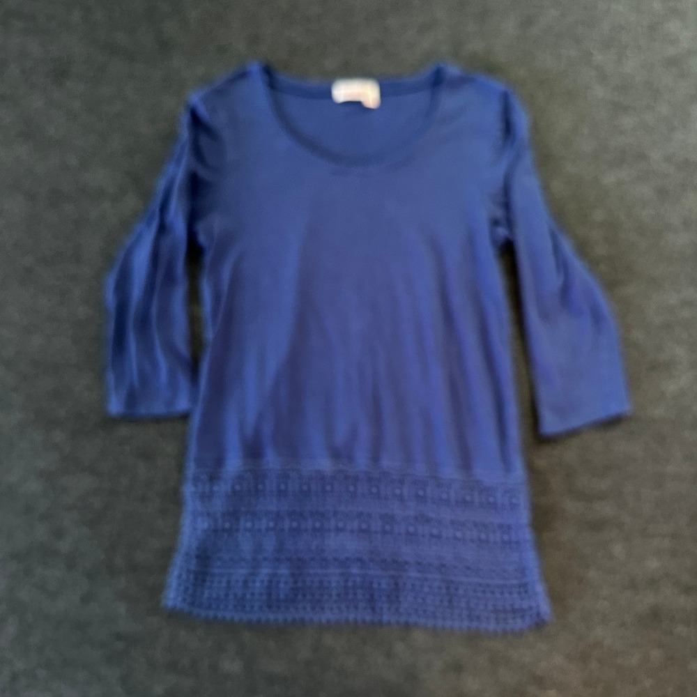 Fresh Produce Navy Blue Linen Cotton Crochet Lace Hem Tunic Top XS ATHSPER 22671